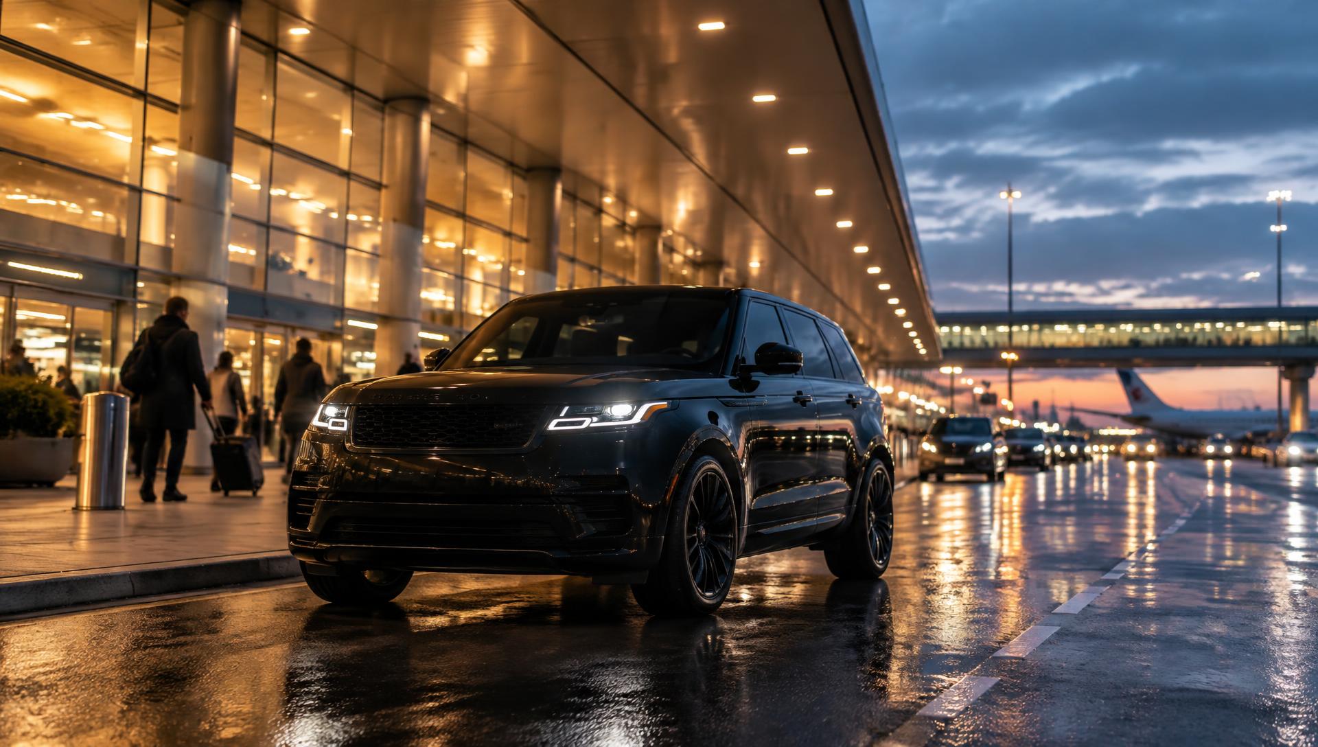 Black private SUV waiting at an airport terminal at dusk